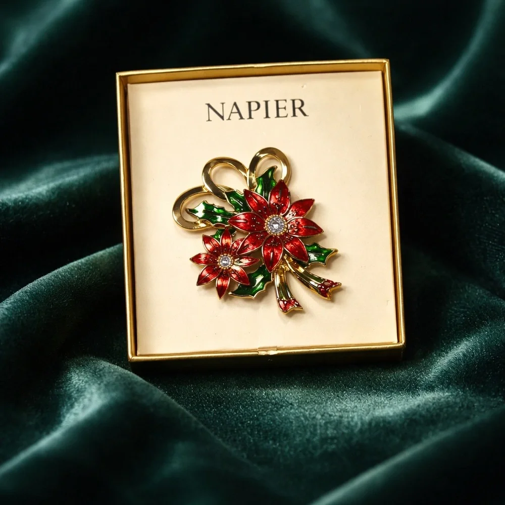 Napier Red Enamel and Rhinestone Poinsettia Pin Brooch.
